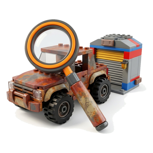 A rusty toy pickup with a big magnifying glass over its hood, next to a closed garage