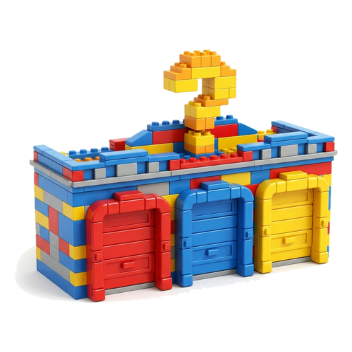 Three toy garages in a row with red, blue and yellow doors and a yellow question mark on top