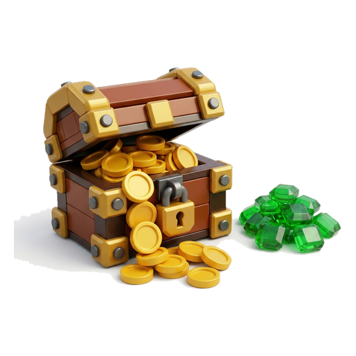 An open toy treasure chest full of gold coins next to a small pile of green gems