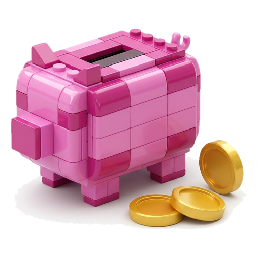 A pink toy piggy bank with a few gold coins beside it