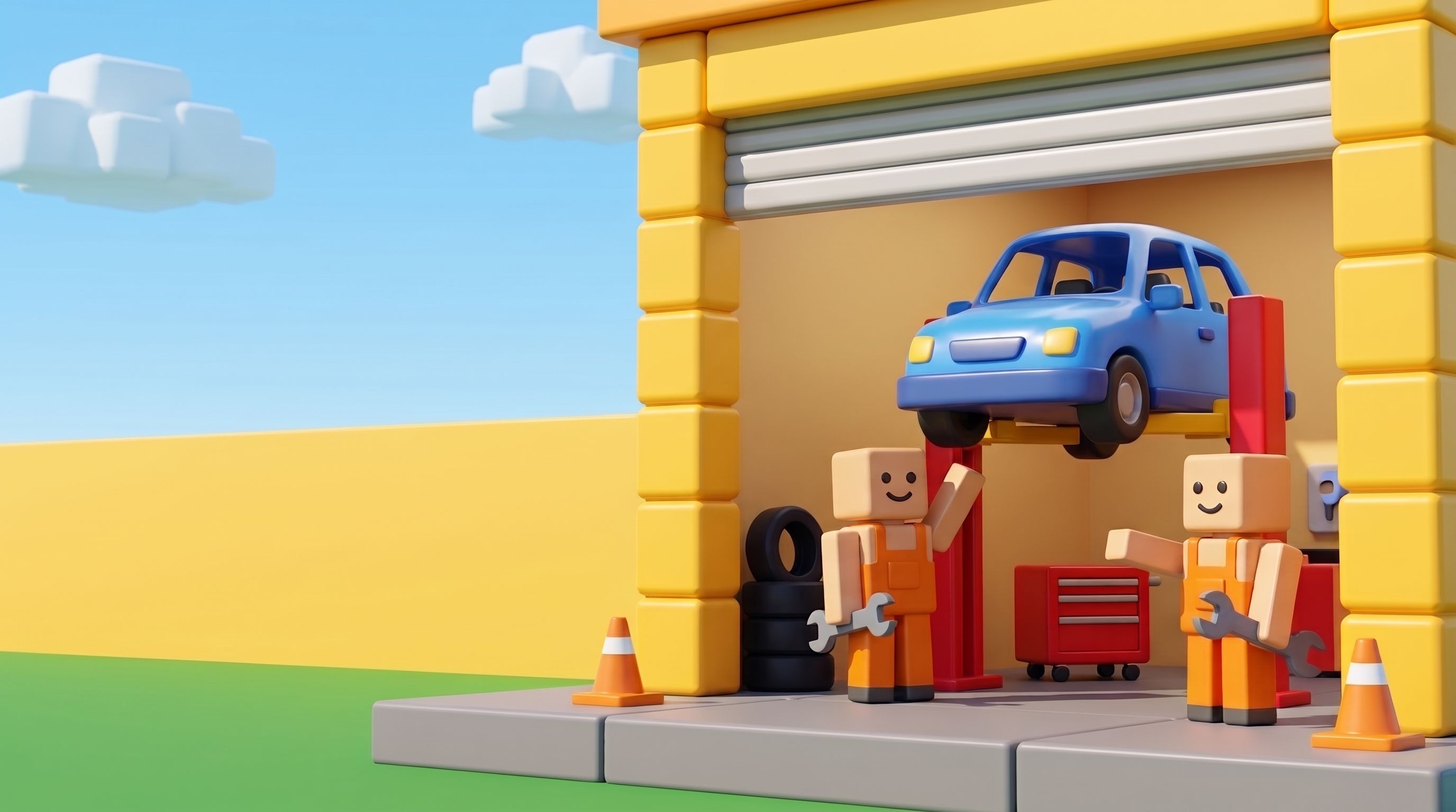Cartoon block-style garage on a sunny day with a toy car up on a lift and two block mechanics holding wrenches