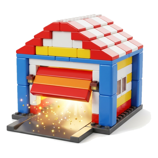 A toy garage with its door half open and light spilling out
