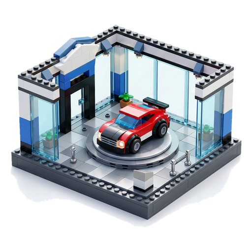 A shiny toy coupe on a turntable inside a small glass showroom
