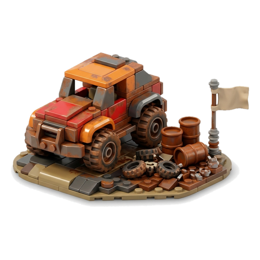 A rusty toy car in a junkyard spot with a small flag beside it