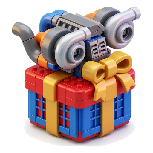 A toy gift box with a twin turbo part on top and a ribbon
