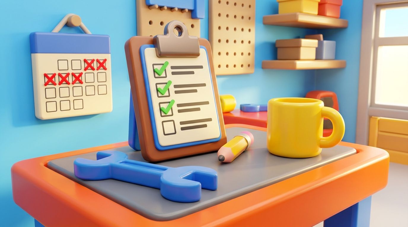A clipboard on a workbench with a ticked checklist, next to a wall calendar with the past dates crossed out