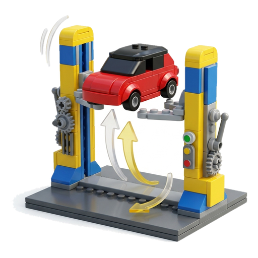 A toy two-post lift raising a small red car