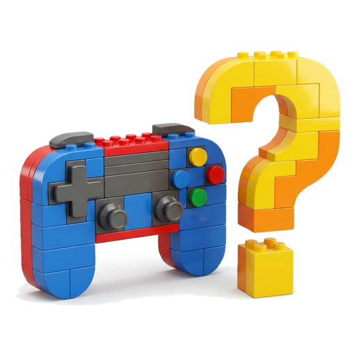 A toy game controller next to a block-built question mark