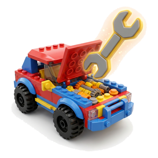 A big glowing toy wrench above an open car hood