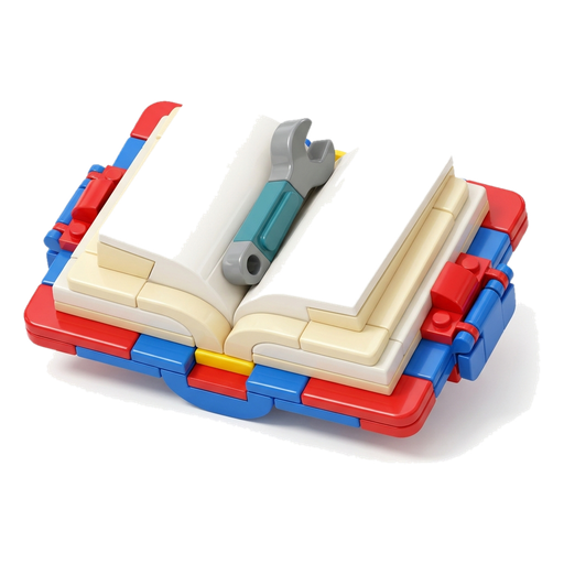 A thick open toy book with blank pages and a small wrench as a bookmark