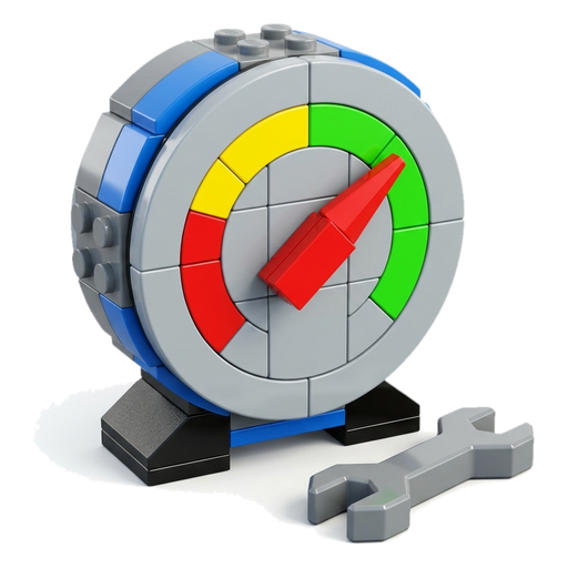 A toy round gauge with the needle in the green zone and a spanner beside it