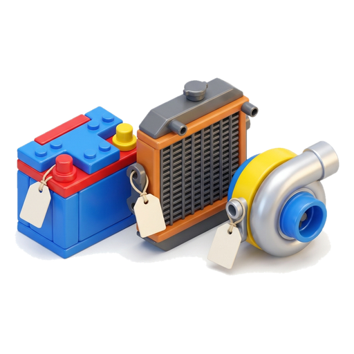 A toy battery, radiator and turbo, each with a blank paper tag