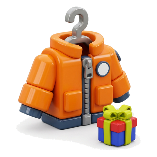 A toy-brick style orange work jacket next to a wrapped gift box