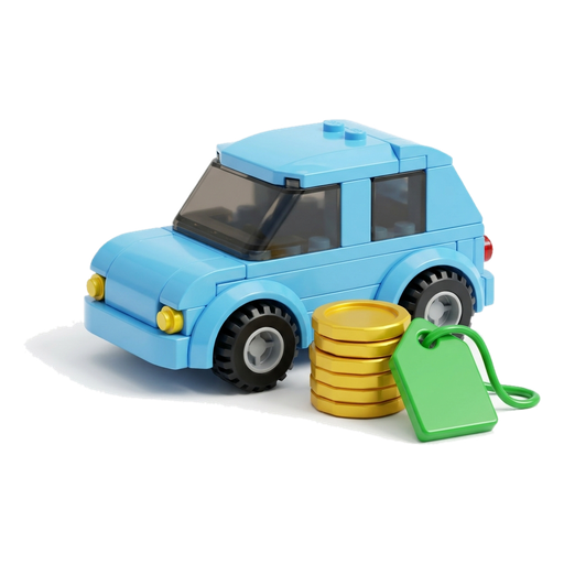 A small toy-brick style car with a price tag and a stack of gold coins