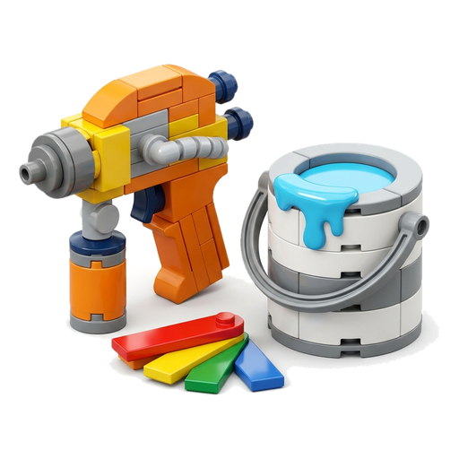 A toy-brick style paint spray gun next to a can of paint