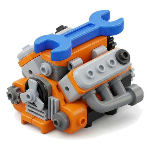 A toy-brick style car engine with a wrench lying beside it