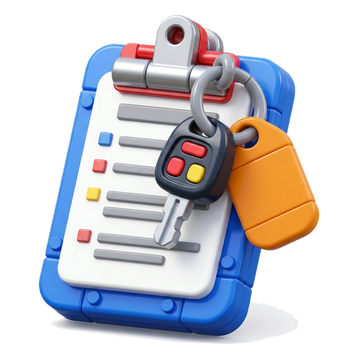 A toy-brick style work order on a clipboard with a car key clipped to it
