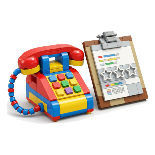 A toy telephone next to a work order clipboard with three blank stars