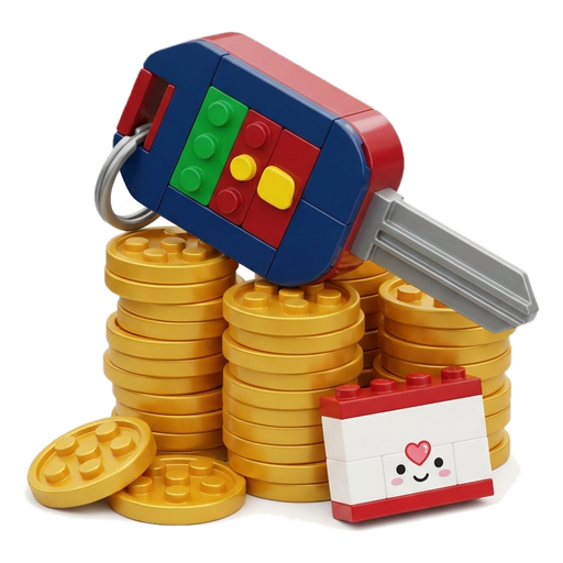A toy car key resting on stacks of gold coins beside a small envelope