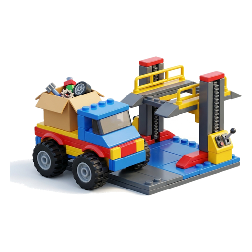 A toy delivery truck carrying a box of car parts next to a small garage lift
