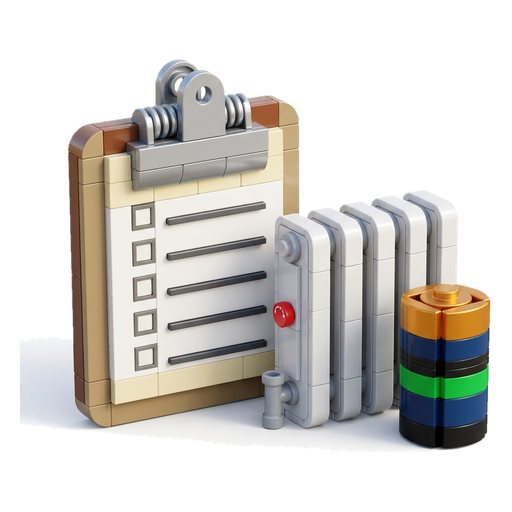 A clipboard with five blank task lines and tick boxes, next to a toy radiator and a toy battery