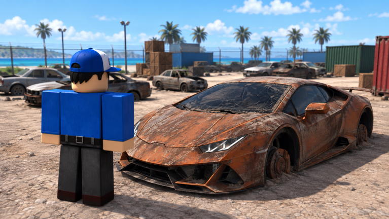 A rusty sports car in a sandy junkyard with a blocky avatar in blue beside it, palm trees and shipping containers behind