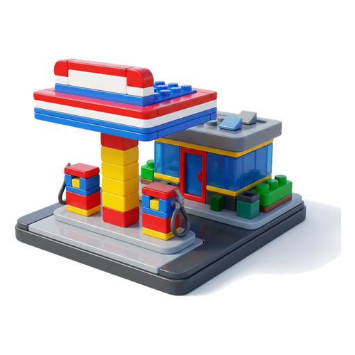 A toy gas station with two fuel pumps under a canopy