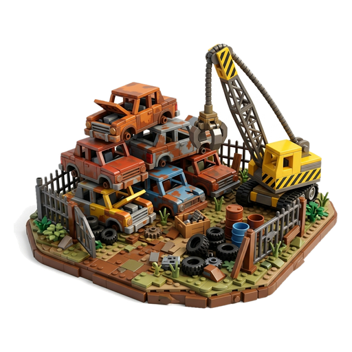 A toy junkyard with stacked rusty cars, a fence and a crane