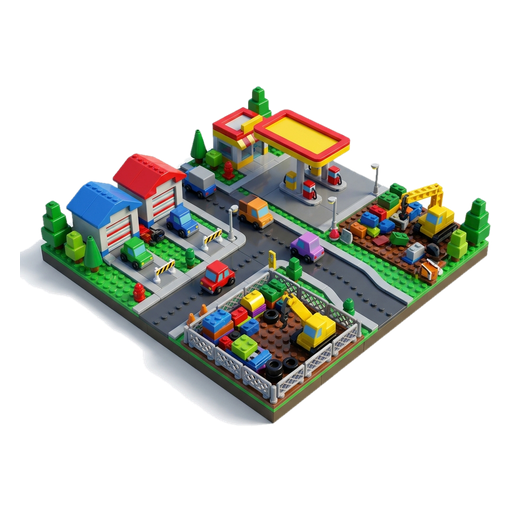 A small toy city board with garages, a junkyard, a gas station and roads