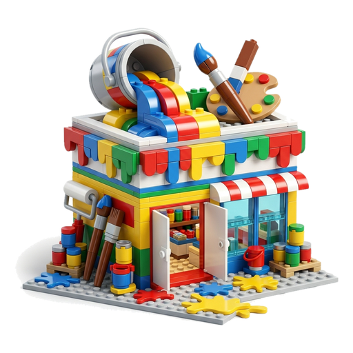 A toy paint shop building with paint cans stacked outside