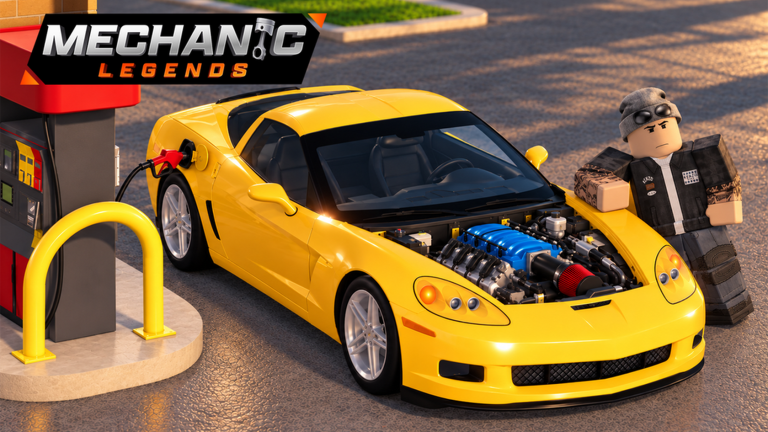 A yellow sports car with its hood open beside a gas station, a blocky avatar next to it and the game logo in the top left