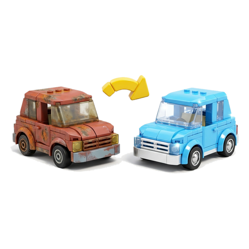 A rusty car parked next to a car with fresh, shiny paint