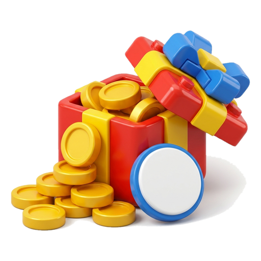 A wrapped gift box next to a pile of gold coins
