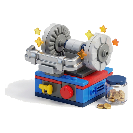 A part polisher with a shiny car part on it, next to a glass jar full of gold coins
