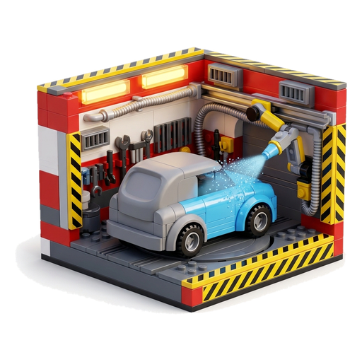 A toy hatchback in a small paint booth being sprayed sky blue
