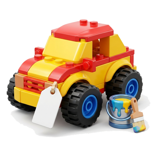 A freshly painted toy car with a blank sale tag and a small paint can