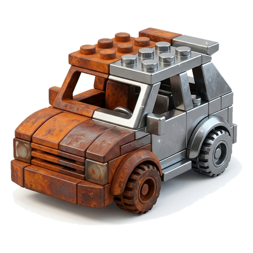 A toy hatchback with one half rusty and the other half bare grey metal