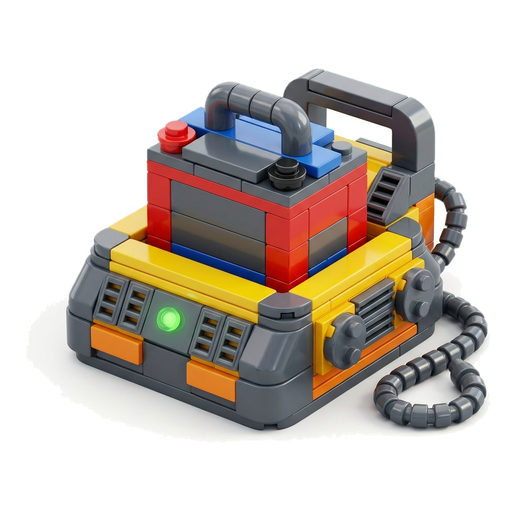 A toy car battery sitting on a battery charger with a small green light