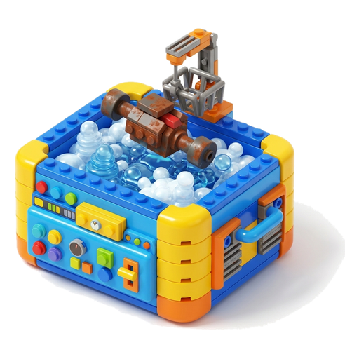 A toy ultrasonic cleaning tank with bubbles and a rusty part going in