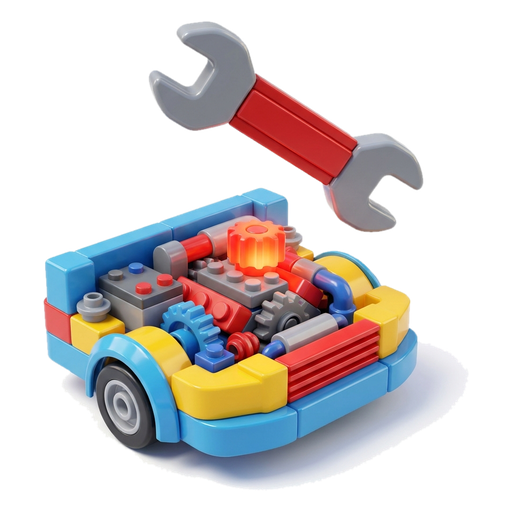A big toy wrench over a toy engine bay with one damaged part glowing orange