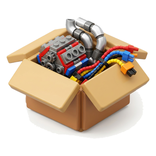 An open cardboard box holding a toy engine block, exhaust manifold and wiring