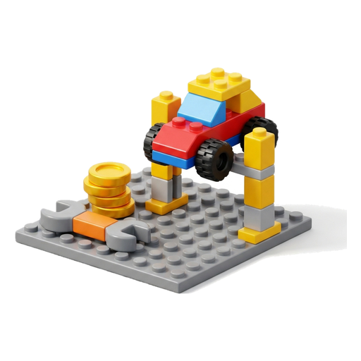 A wrench and a stack of gold coins next to a small car raised on a lift