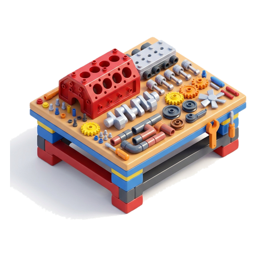 A toy engine taken apart into neat pieces on a workbench