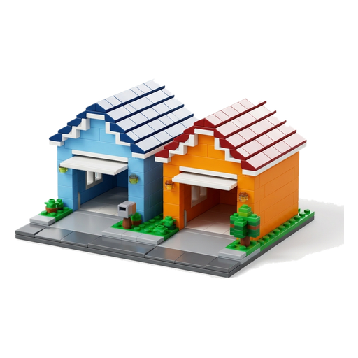 Two toy garages side by side on a small street, one blue and one orange, both doors open